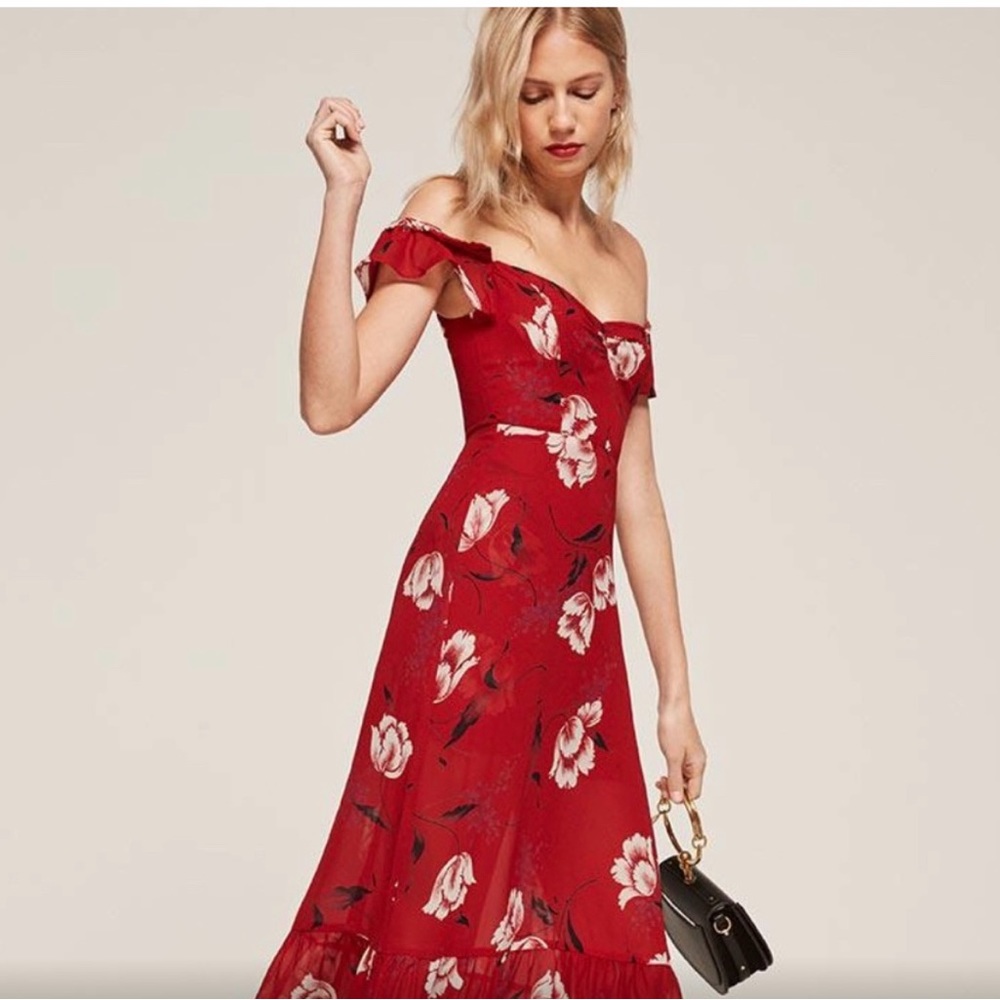 Reformation Tropicana Shoshana Floral off the shoulder midi dress size 6